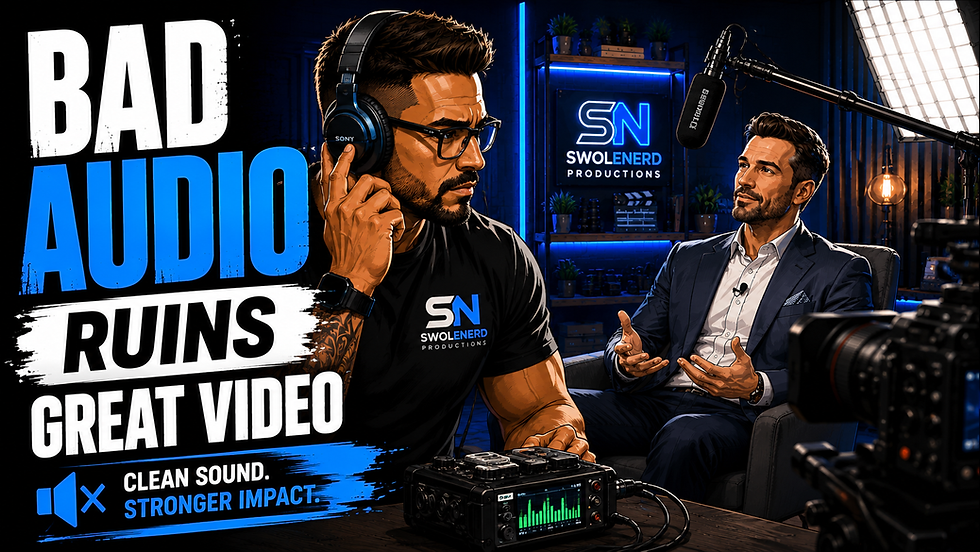 Illustrated video production studio showing a filmmaker monitoring professional audio with headphones while recording an executive interview using a lavalier and shotgun microphone for clean, high-quality sound.