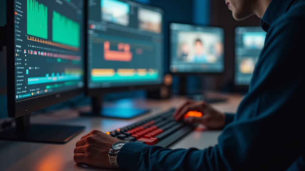 Close-up view of a video editor working on a timeline in editing software