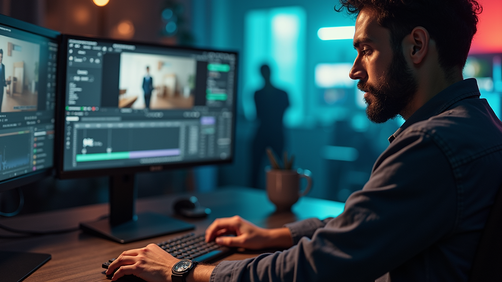 Close-up view of a video editor working on corporate video footage