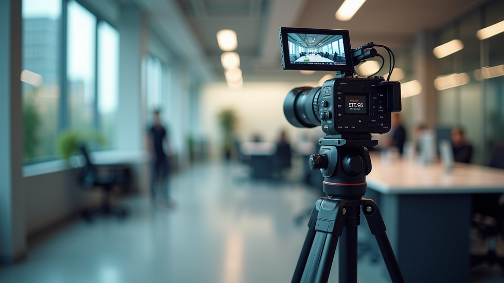 Eye-level view of a video camera on a tripod set up in a modern office space