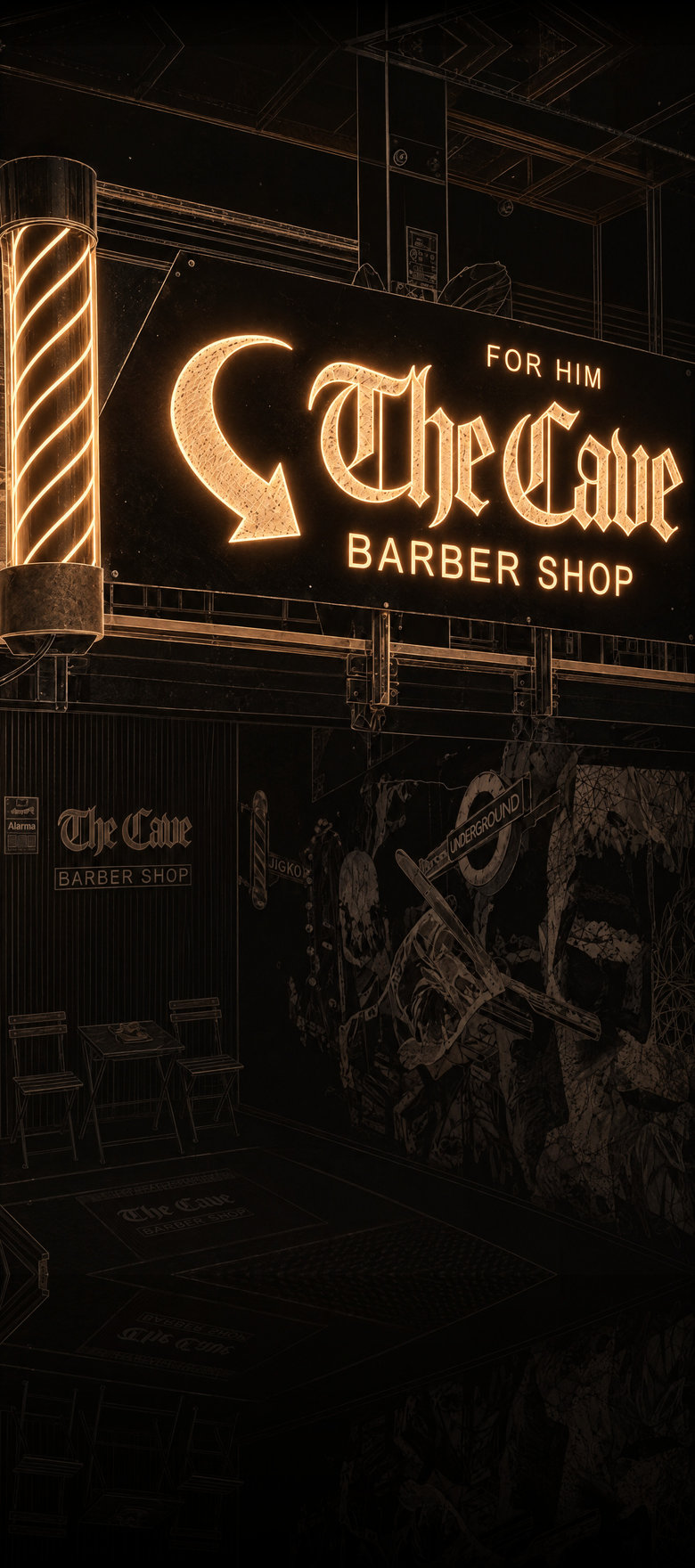 The illuminated sign of The Cave barbershop on Avenida Las Gardenias, La Cala de Mijas