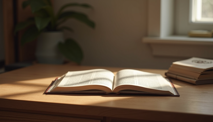 Eye-level view of a quiet workspace with a simple wooden desk and a small open book of prayers