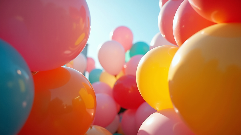 Eye-level view of colourful balloon sculptures at a party