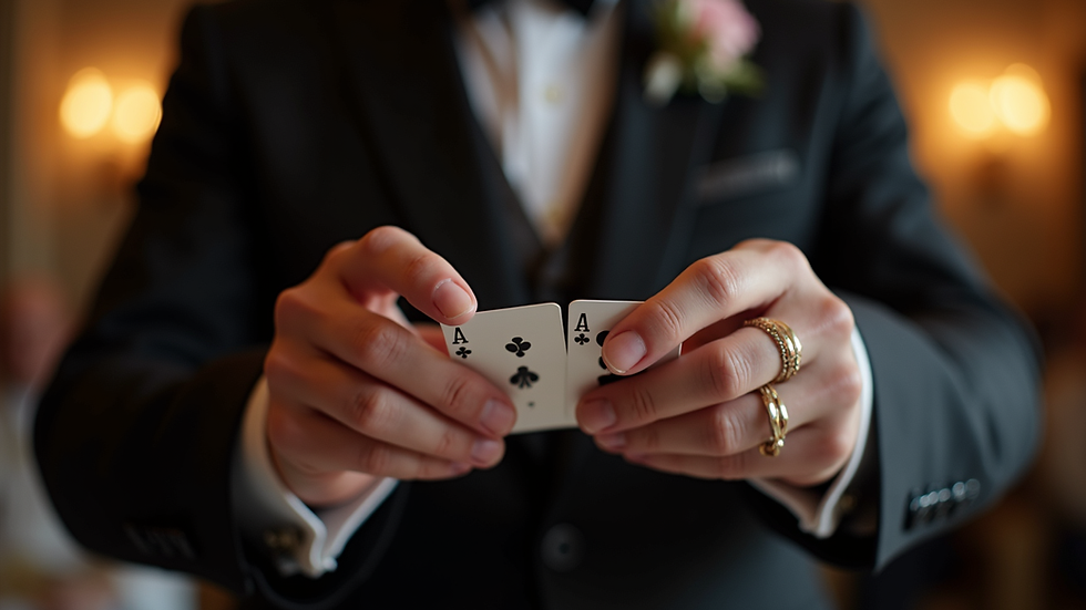 Close-up view of a magician performing a card trick at a wedding