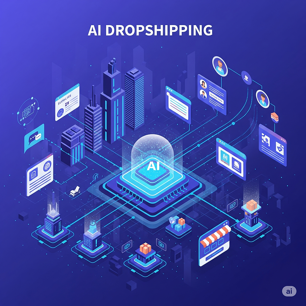Conceptual illustration of AI dropshipping ecosystem with a central AI hub, connected to suppliers, e-commerce stores, and customers, representing automation.