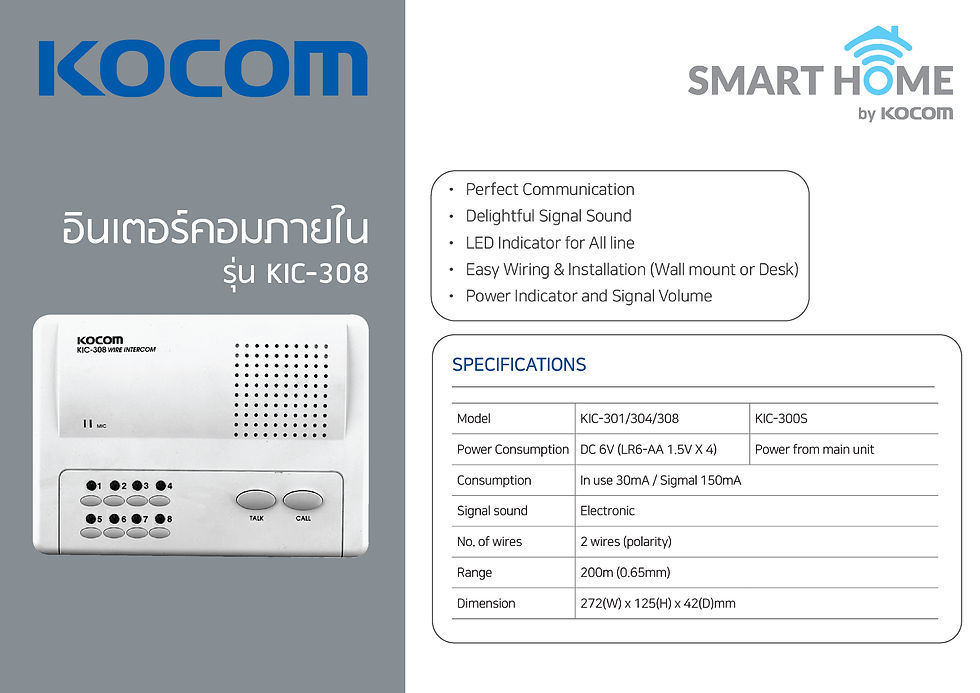 Thumbnail: KOCOM INTERCOM รุ่น KIC-308 Main 8Ch (White) ตัวแม่ + KIC-300S ตัวลูก 8 ตัว