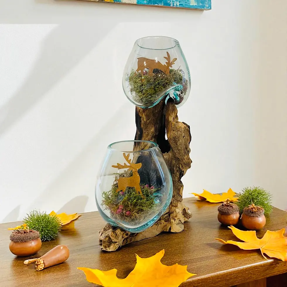 Thumbnail: Teak Root Wood Candle Holder with Two Hand-Blown Glass Cups 