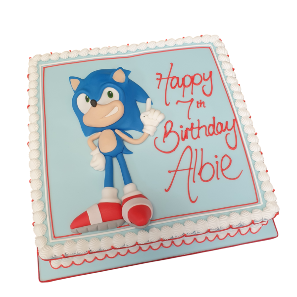 Eye-catching and vibrant Sonic-themed 10" cake perfect for parties or celebrations. Vibrant blue, yellow, and red colours with unique design.