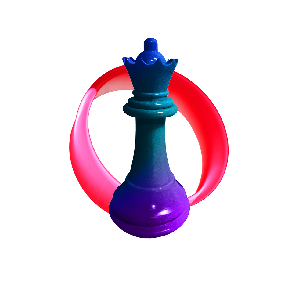 Minimalist icon of a chess queen piece with a circular graphic element