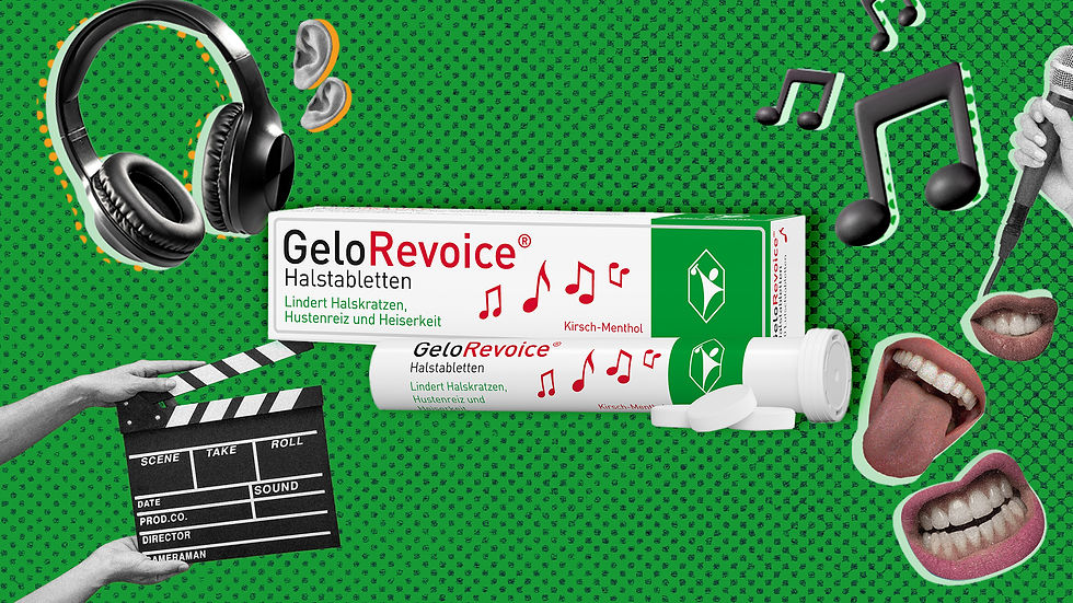 Überblick über das Social-Media-Feed-Design von Gelo Revoice: Eine visuelle Collage aus Papiertexturen und Aromen.