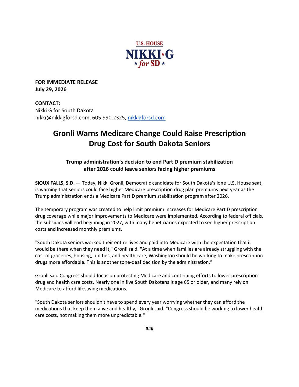 FOR IMMEDIATE RELEASE