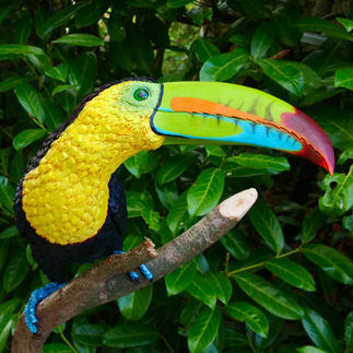 Paper sculpture of a keel-billed toucan