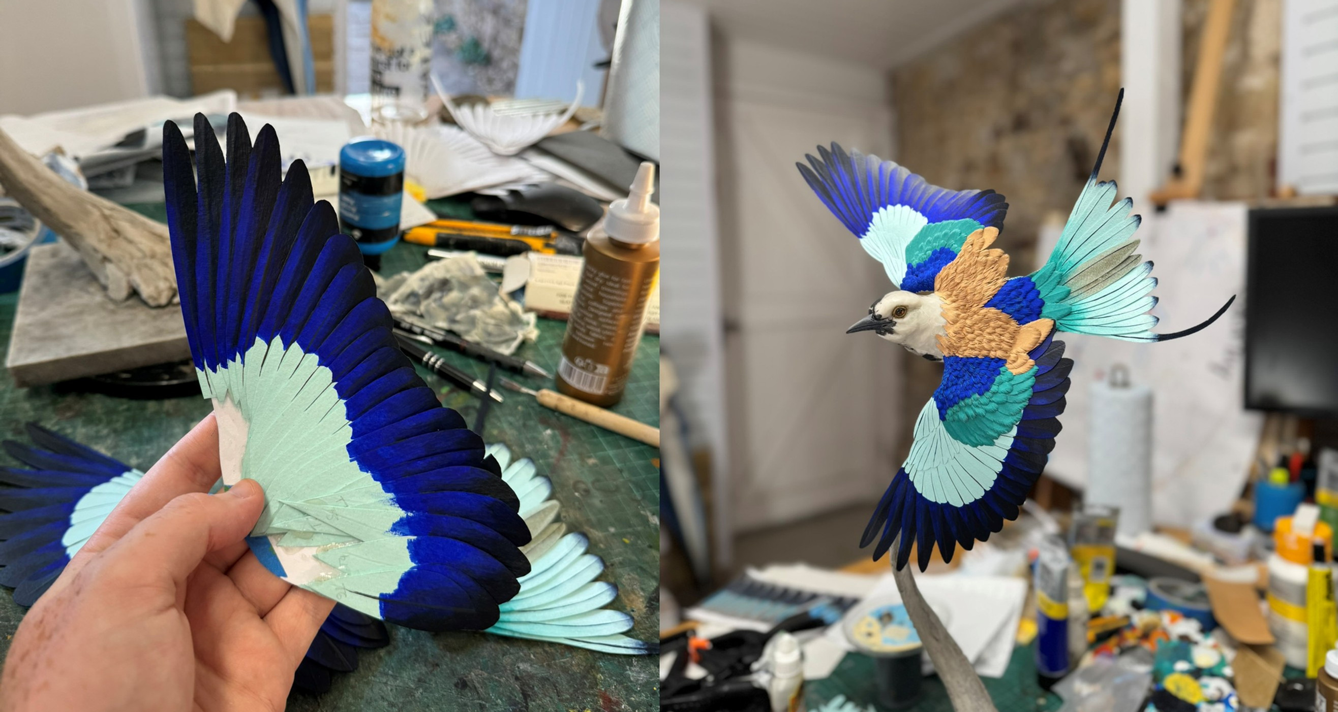 Wing and body feathers going on layer by layer