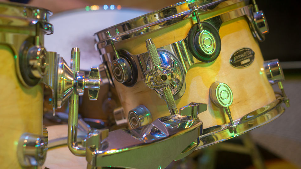 PDP mounted toms with shiny chrome hardware