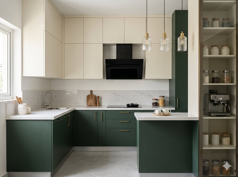 Modern L-shaped modular kitchen for 2 BHK Bangalore apartment with forest green laminate, brass handles, and quartz countertop