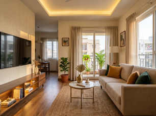 2 BHK living room interior design in Bangalore with beige sofa, walnut TV unit, and cove lighting by House of Designs
