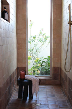 Walk-in shower in Tahoe Park, Sacramento with warm tile walls, brass fixtures, and large window with