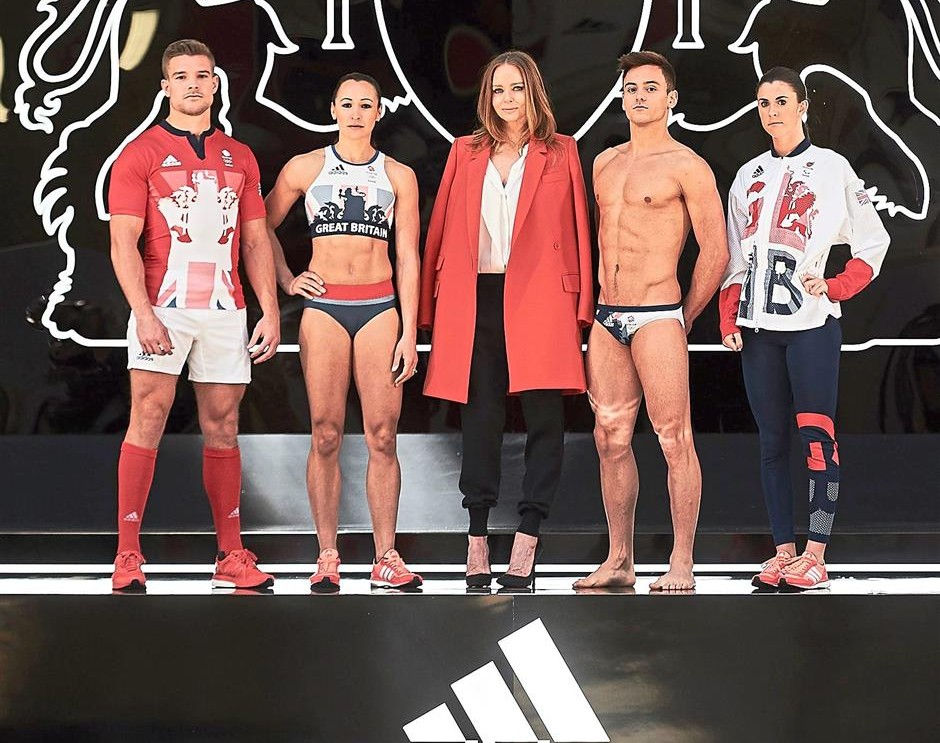 British athletes (from left) Tom Mitchell, Jessica Ennis-Hill, fashion designer Stella McCartney who did the clothes under the Adidas banner, Tom Daley and Olivia Breen during. Photo: Adidas