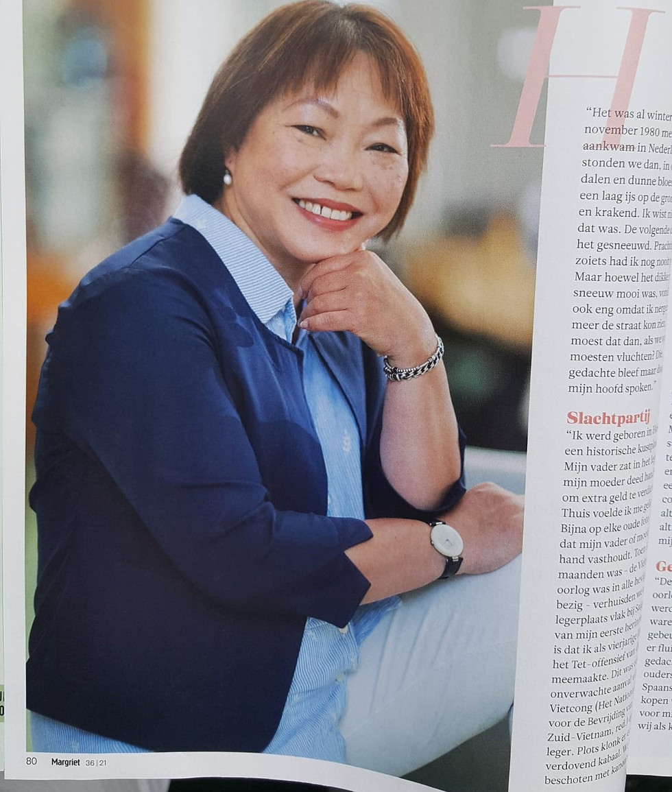 Profielfoto van Uyên Lu in een interview in het damesblad Margriet