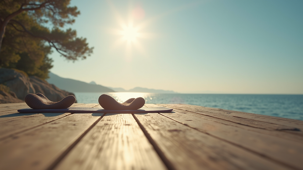 Vue en plongée d’un tapis de yoga et d’haltères sur un sol en bois