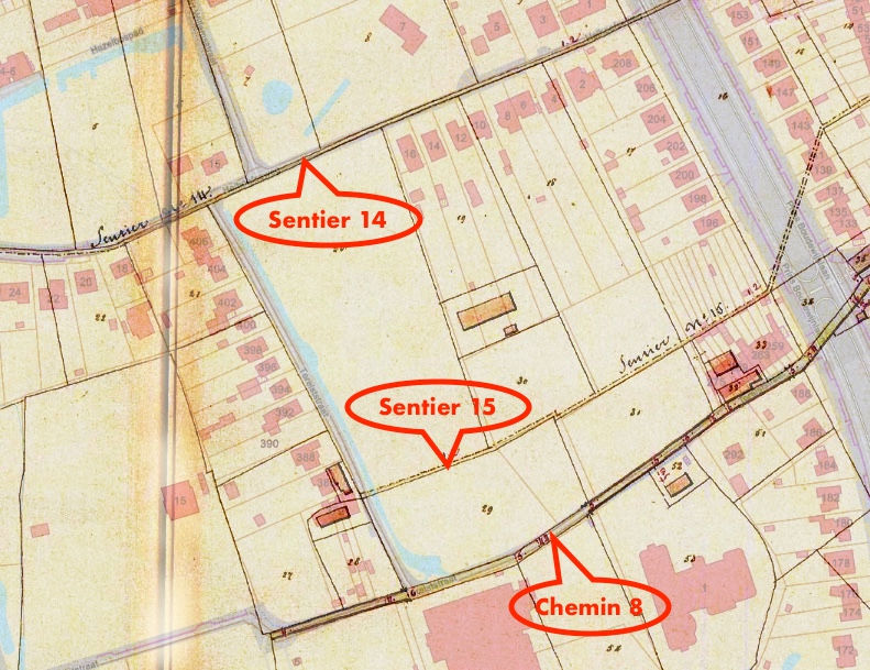 De Atlas der Buurtwegen van 1841 werd hier overlapt met de kaart van vandaag, waardoor het parcours van de oorspronkelijke wegen zichtbaar wordt: de Heihoefschen Kerkweg (Sentier 14), de Kattenbroekschen Kerkweg (Sentier 15) en de Terelststraat (Chemin 8). (Geopunt)