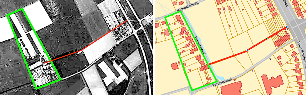 Het centrum van het gebied Kattenbroeken op de orthokaart van 1948 en 2026; de percelen C223-224-225 zijn groen omkaderd. Vanuit het erf van beide hoeves vertrekt in 1948 nog de Kattenbroekschen Kerkweg (rode lijn), geflankeerd door een rij bomen en uitkomend op de Prins Boudewijnlaan achter de rij huisjes. (Historisch Archief Edegem & Geopunt)