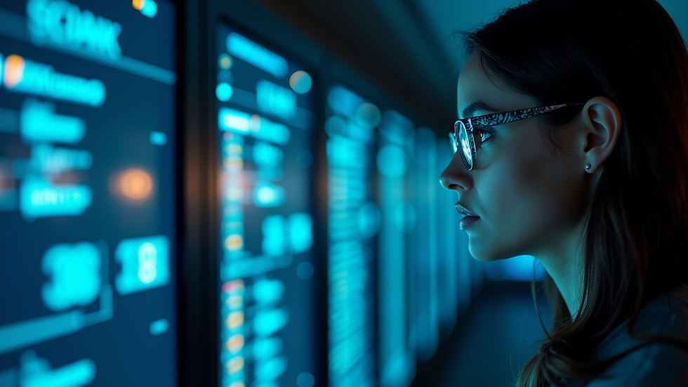 Close-up view of a cybersecurity professional monitoring network security
