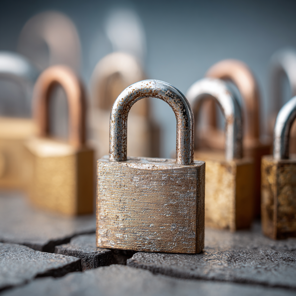 Close-up of several rusty padlocks on cracked stone, with a blurred background. The locks' metallic and golden colors give a rustic feel.