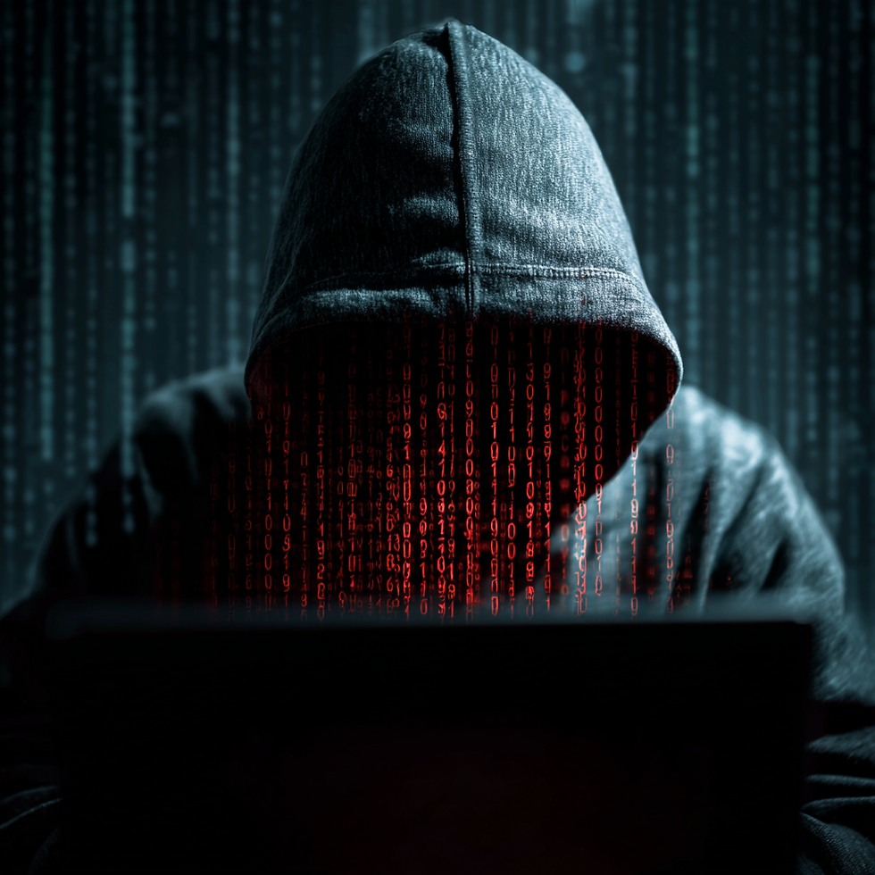 Hooded figure at a laptop, surrounded by red binary code on a dark background, suggesting cyber activity or hacking.