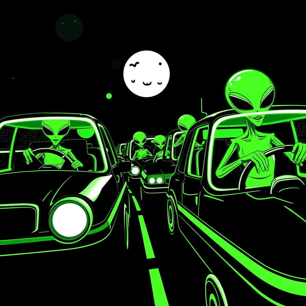 black and neon green with aliens driving in cars cheerful not scary .jpg