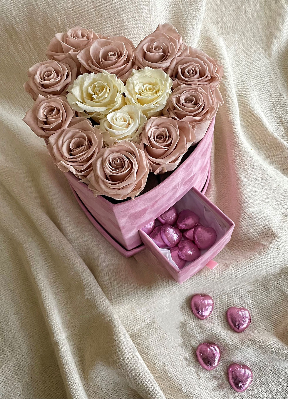 Thumbnail: Pink & Cream Roses In A Baby Pink Velvet Heart Box With Chocolates