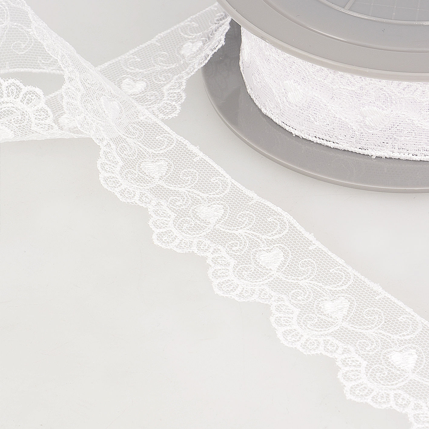 Trim: Lace: Embroidered Tulle: Hearts 35mm White Price per Metre 
