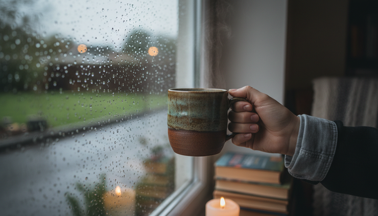 Close-up view of a hand holding a warm mug near a rainy window