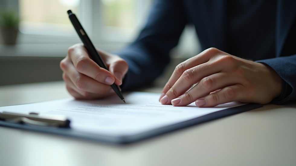 Eye-level view of a contract document on a wooden desk