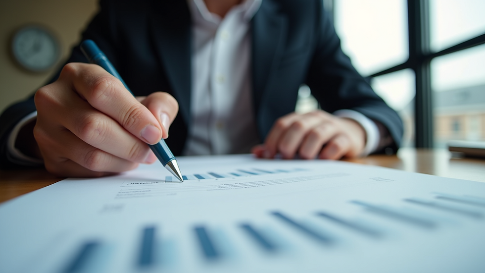 Eye-level view of a business professional reviewing documents at a desk