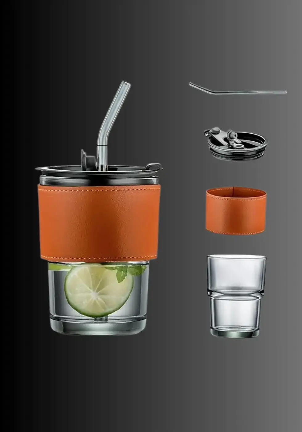 Thumbnail: Premium Glass Tumbler with Leather Sleeve, Lid & Reusable Straw