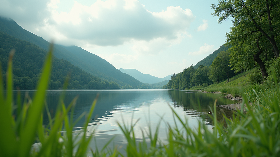 Eye-level view of a serene landscape with a calm lake and lush greenery