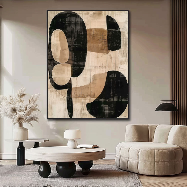 Mid-century Modern Abstract Shapes in Beige and Black Canvas Painting Hand-Pain