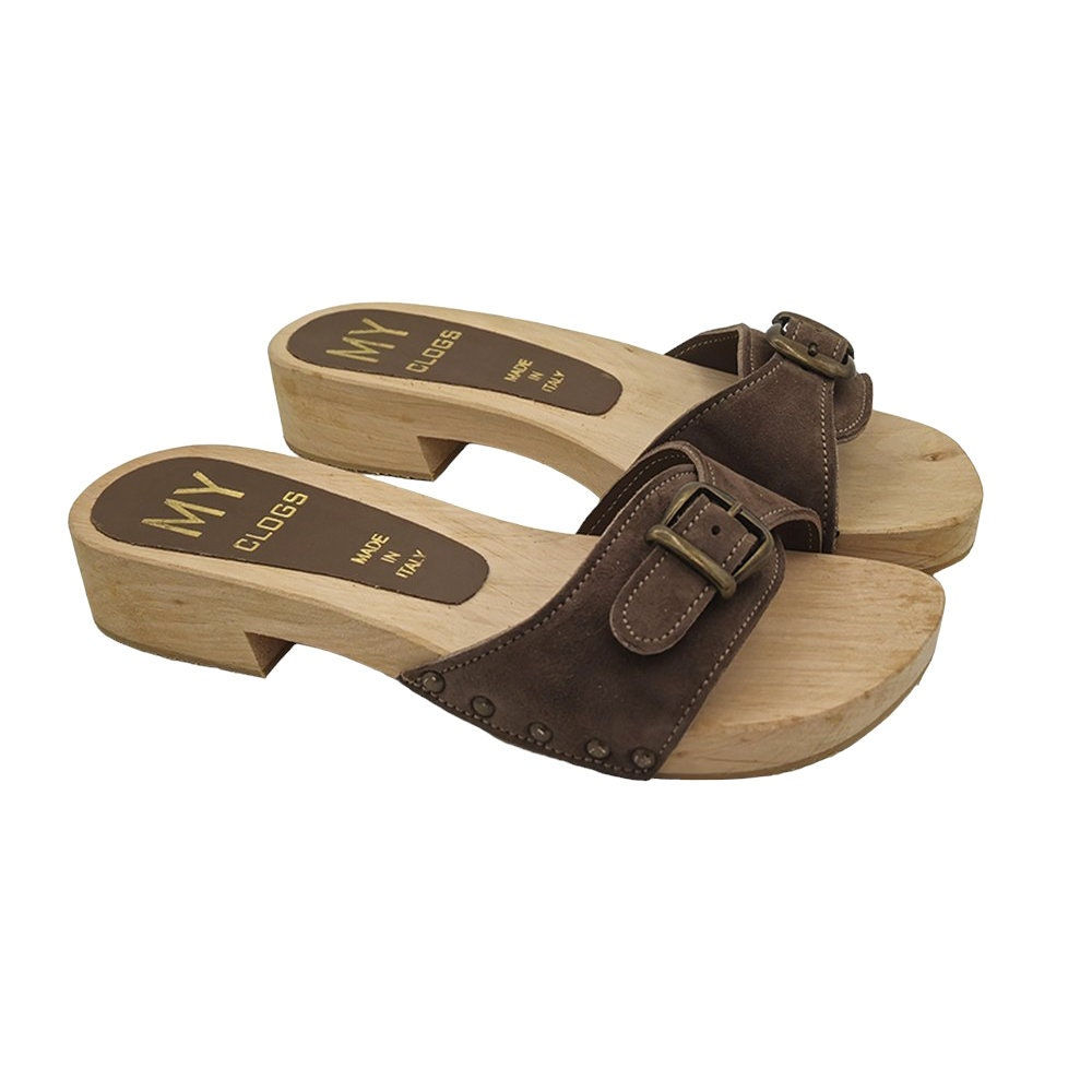 Wooden clogs and genuine leather band with buckle - MY66230 CAM TAUPE