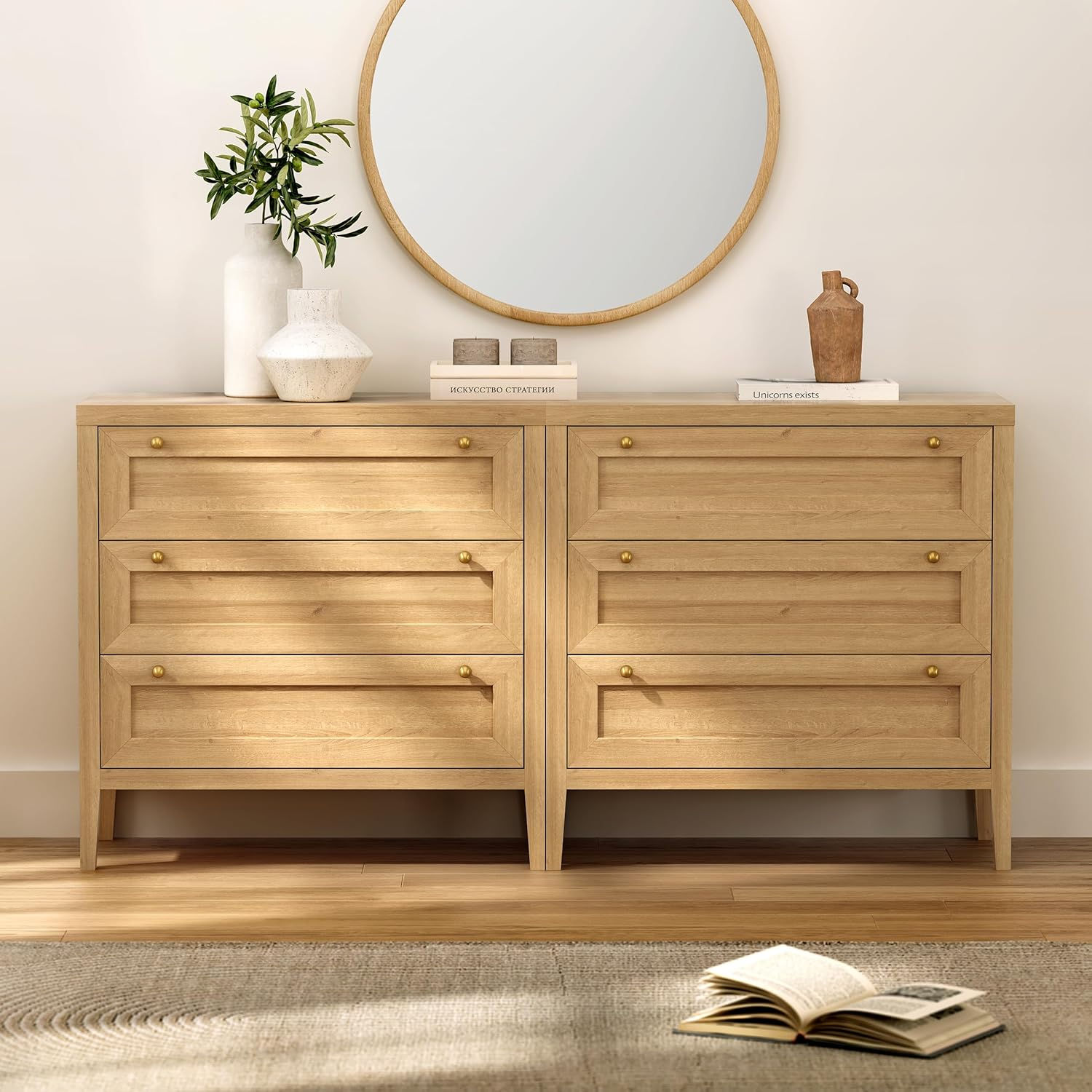 3 Drawer Dresser Set of 2 for Bedroom, Modern Chest of Drawers with Golden Handl