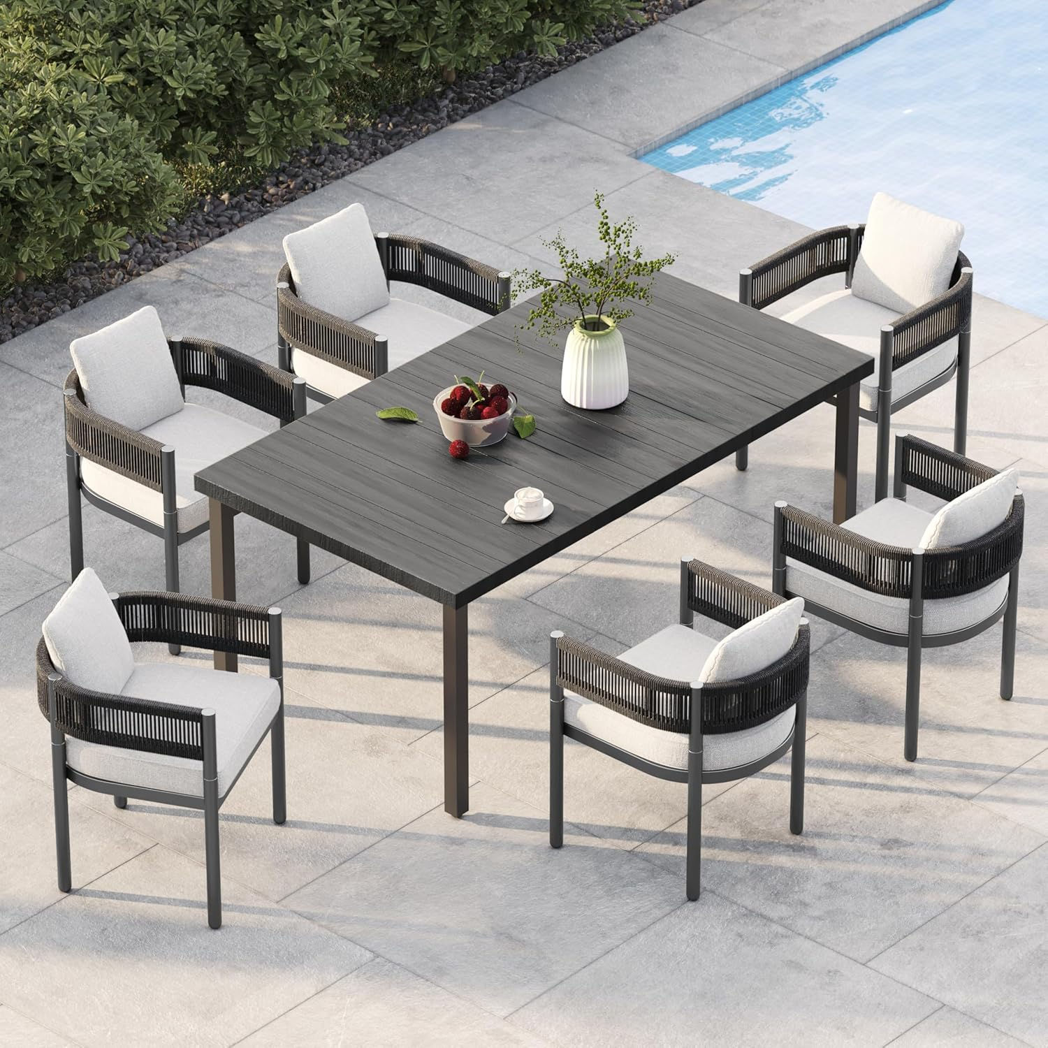 Outdoor Dining Set for 6, 7-Piece Patio Table and Chairs Set, Metal Woven Wicker
