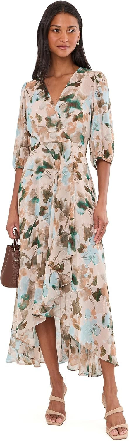 Calvin Klein 3/4 Sleeve Floral Chiffon High-Low Midi