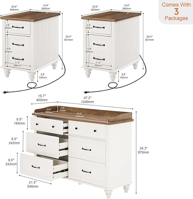 3 Piece Bedroom Set - Includes Mid Century 6 Drawer Dresser, Set of 2 Side Table