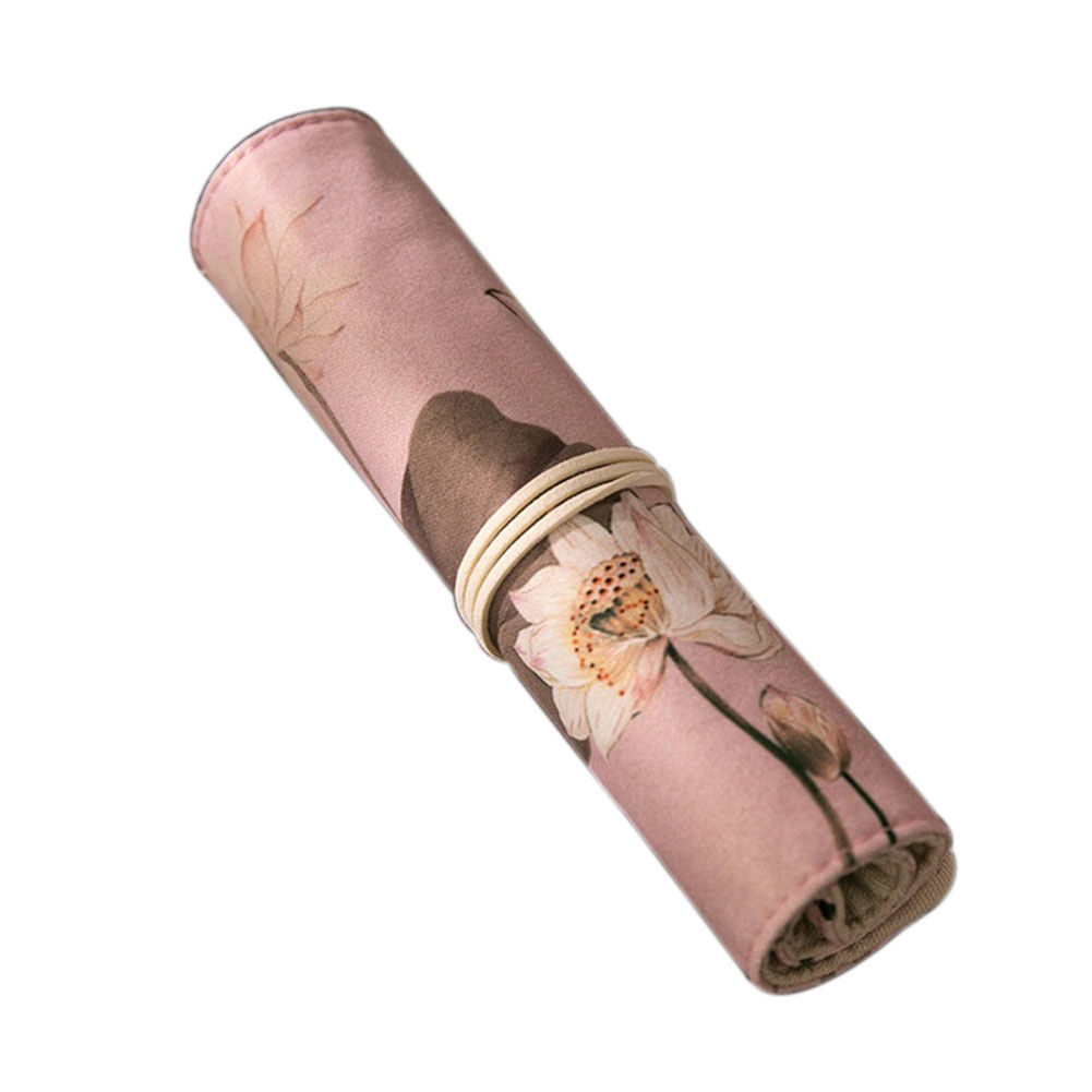 Chinese Style Vintage Painted Lotus Pencil Pen Wrap Roll Up Case Bag for Student