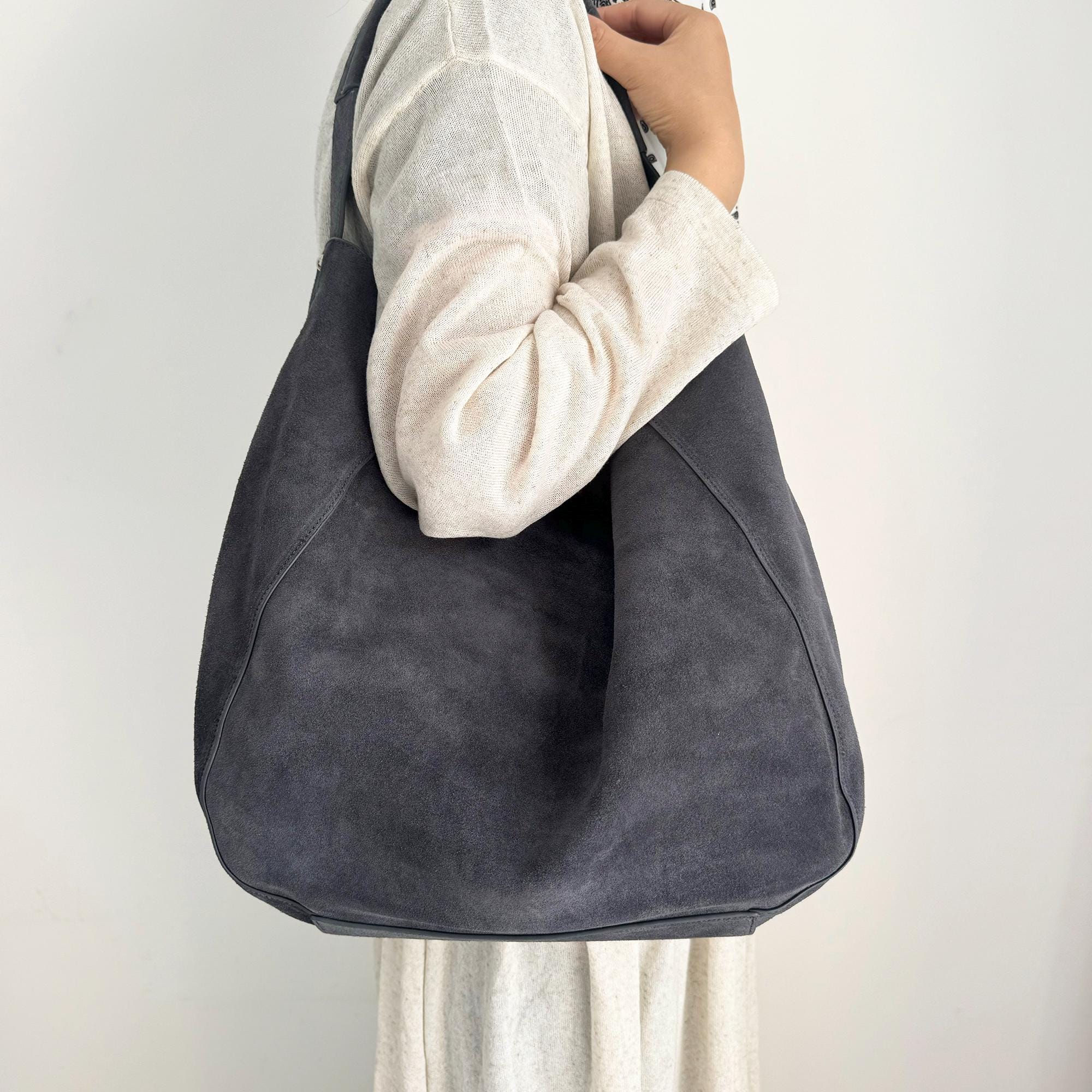 Suede Leather Bucket Shoulder Bag, Large Capacity Tote Underarm Casual Hobo Slo