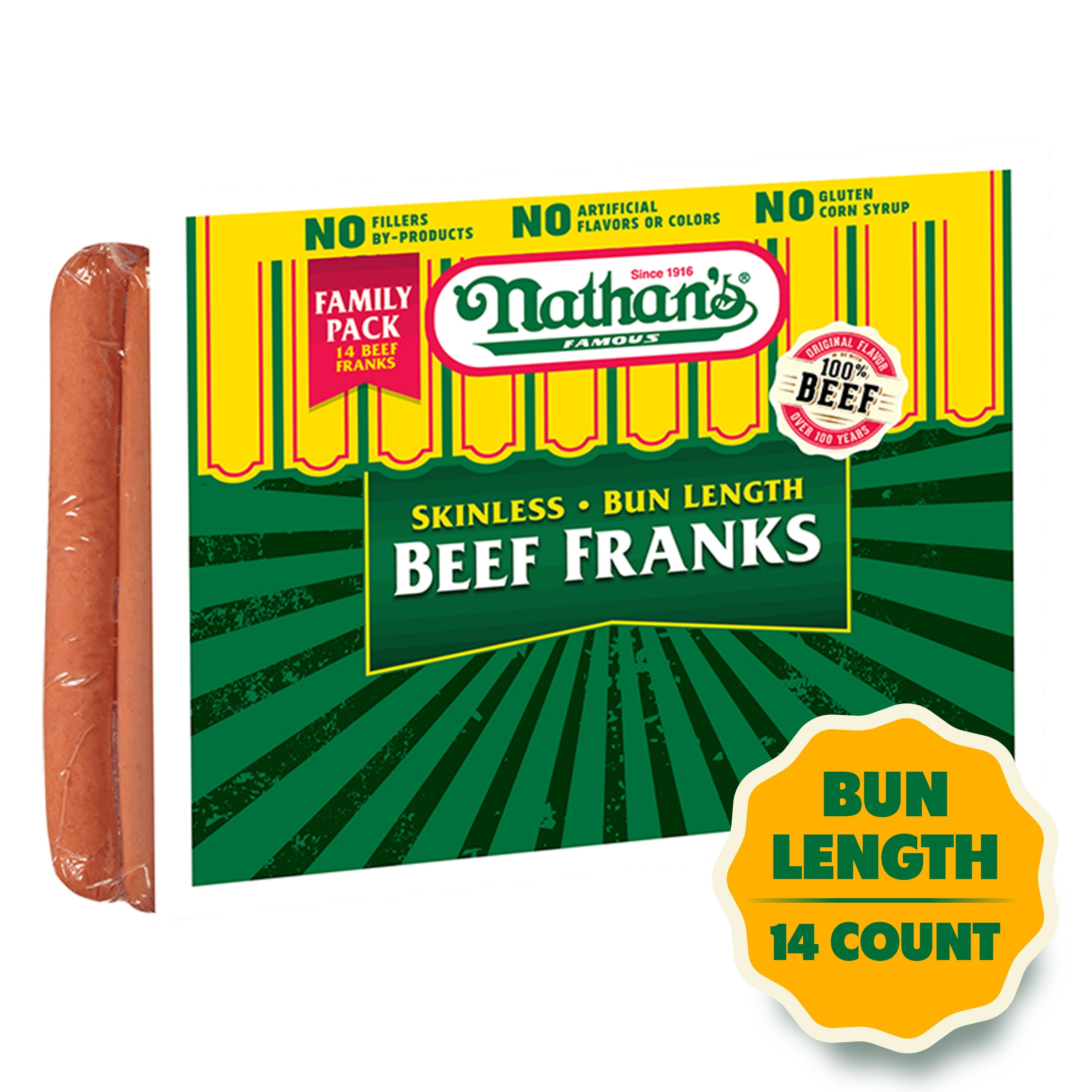 Nathan's Famous, Skinless Beef Franks, Bun Length, 28 oz