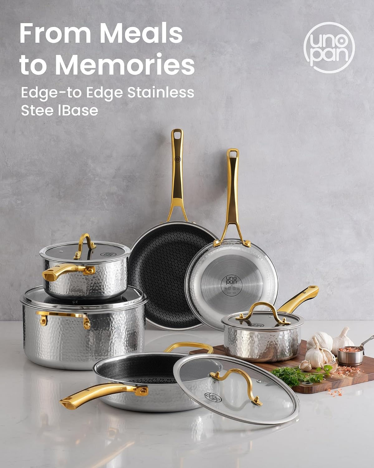 Gold Titanium Pots and Pans Set 10PC, Hybrid Hammered Stainless Steel Cookware,