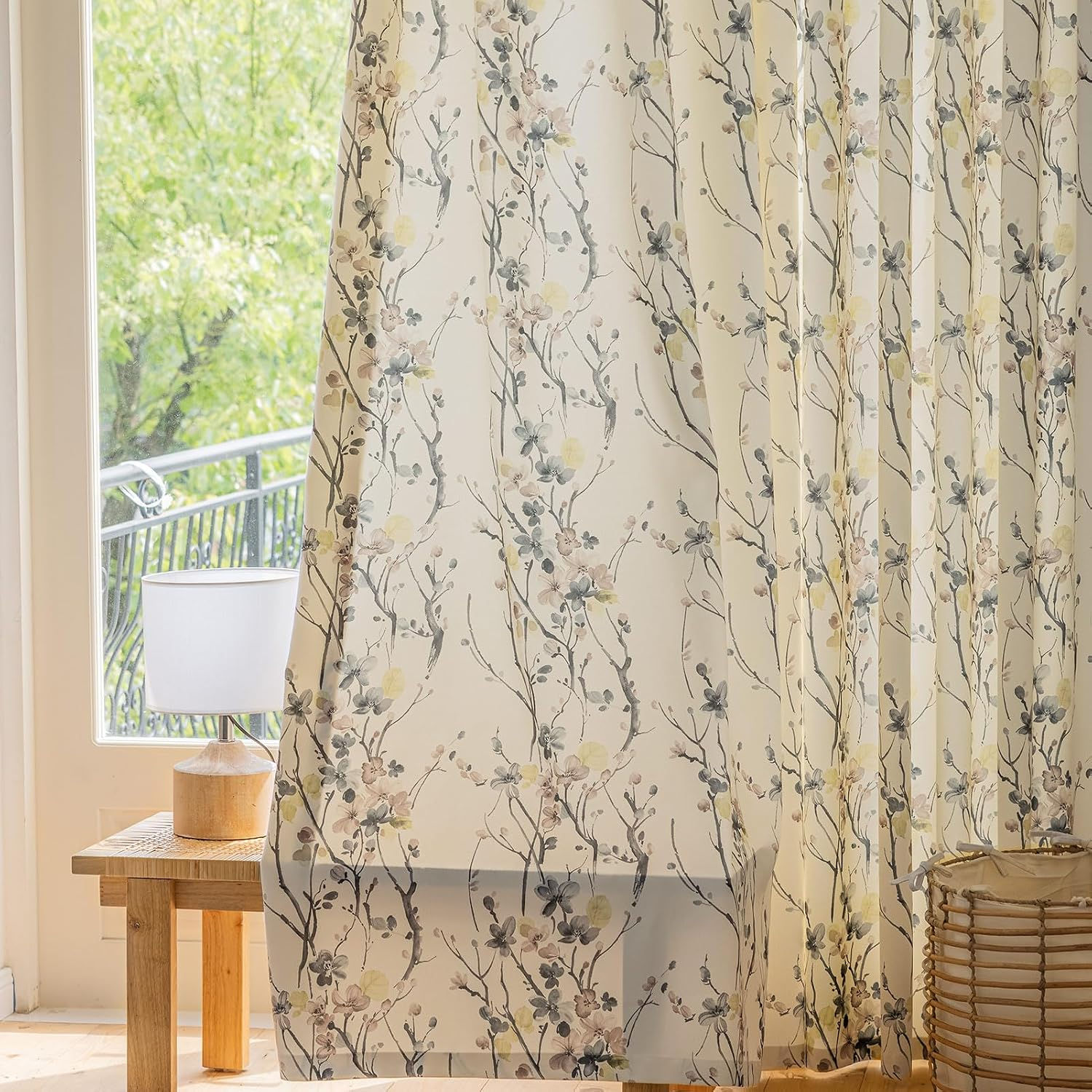 SUOUO Mustard Yellow Grey Floral Blackout Curtains 84 Inches 2 Panels