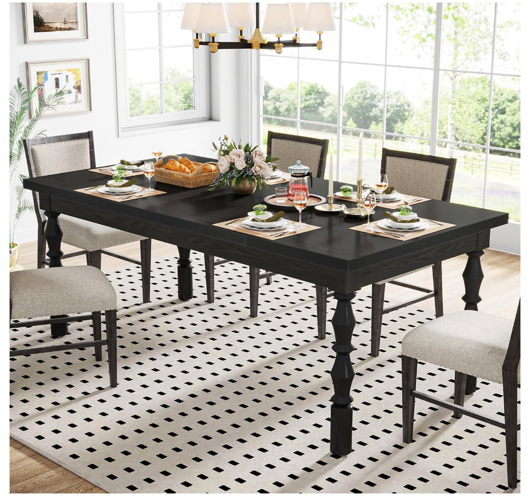 Wood Black Dining Table for 4-6 People, 62” Farmhouse Large Rectangle Kitchen