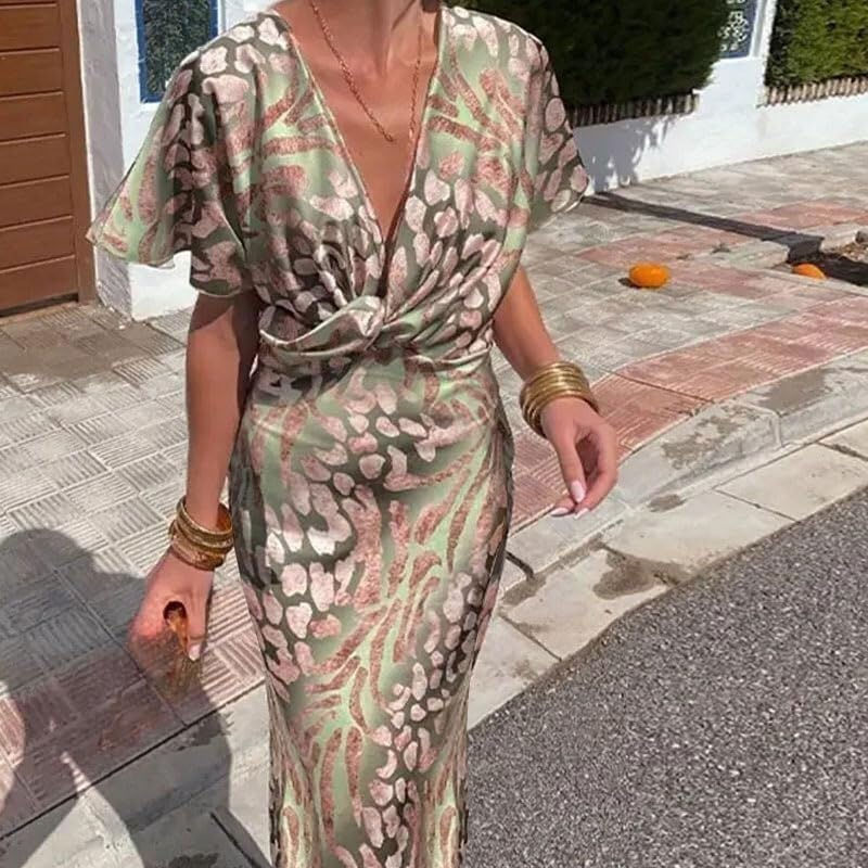 Women Summer Floral Bodycon Maxi Dress Elegant V Neck Short Sleeve Long Dresses